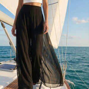 $398 Tadashi Shoji Black Wide-Leg Pants with chiffon overlay S